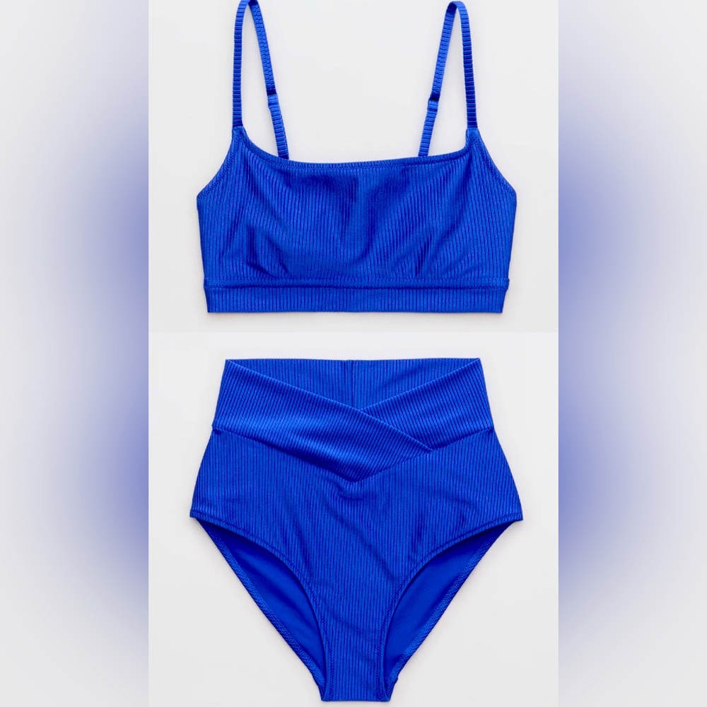 NWT Aerie FULL SET Shine Rib Scoop Top + High Waisted Full Coverage Bottom Blue